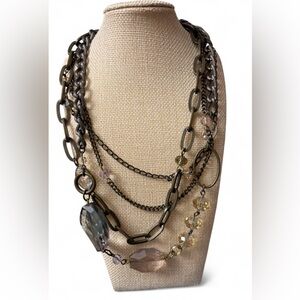 Chico’s Multi-Strand Mixed Media Statement Necklace - gun metal & Crystals